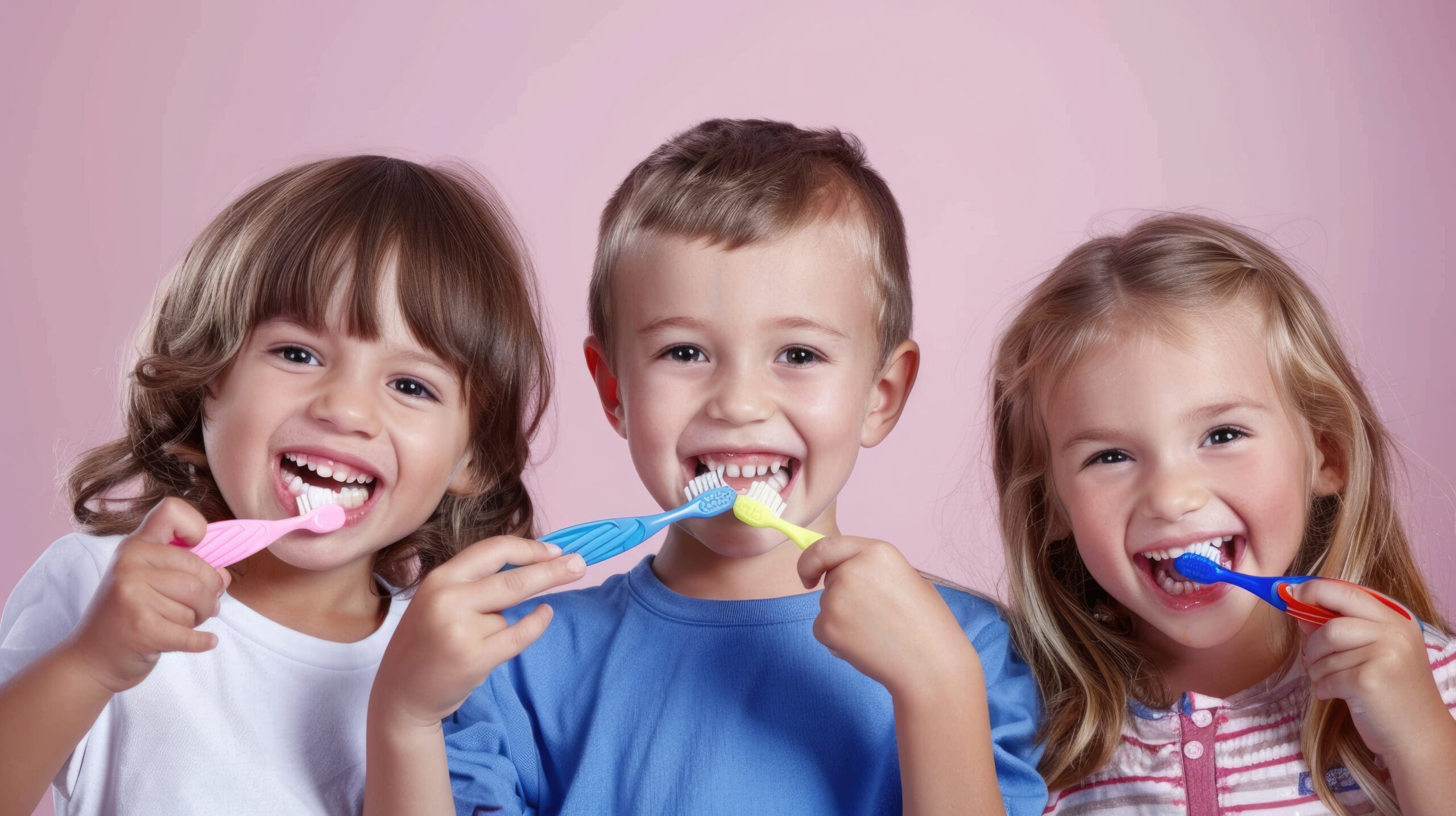 Children Dental. dental hygiene. happy little cute children with toothbrushes.: dentist, toothbrush, teeth, clean, background, beautiful, boy, brush, brushing, care --ar 16:9 Job ID: 42fbc620-b48a-470e-9830-f73a11d80424